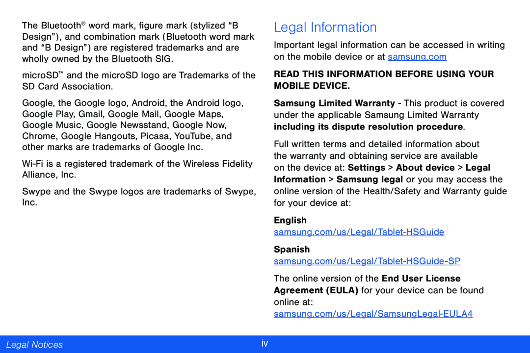 Legal Information Galaxy Tab 4 8.0 Verizon