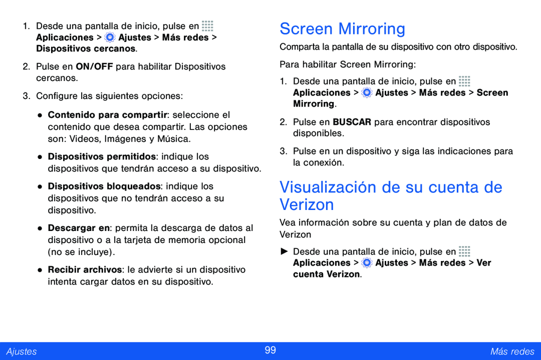 Screen Mirroring Visualización de su cuenta de Verizon