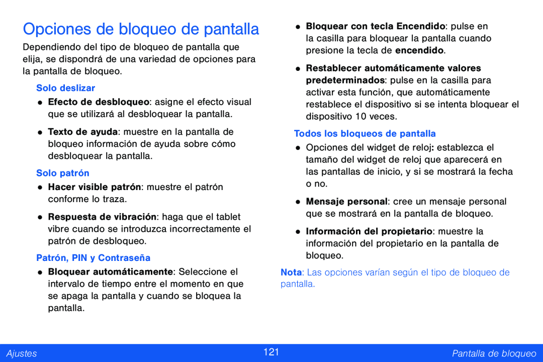 Opciones de bloqueo de pantalla