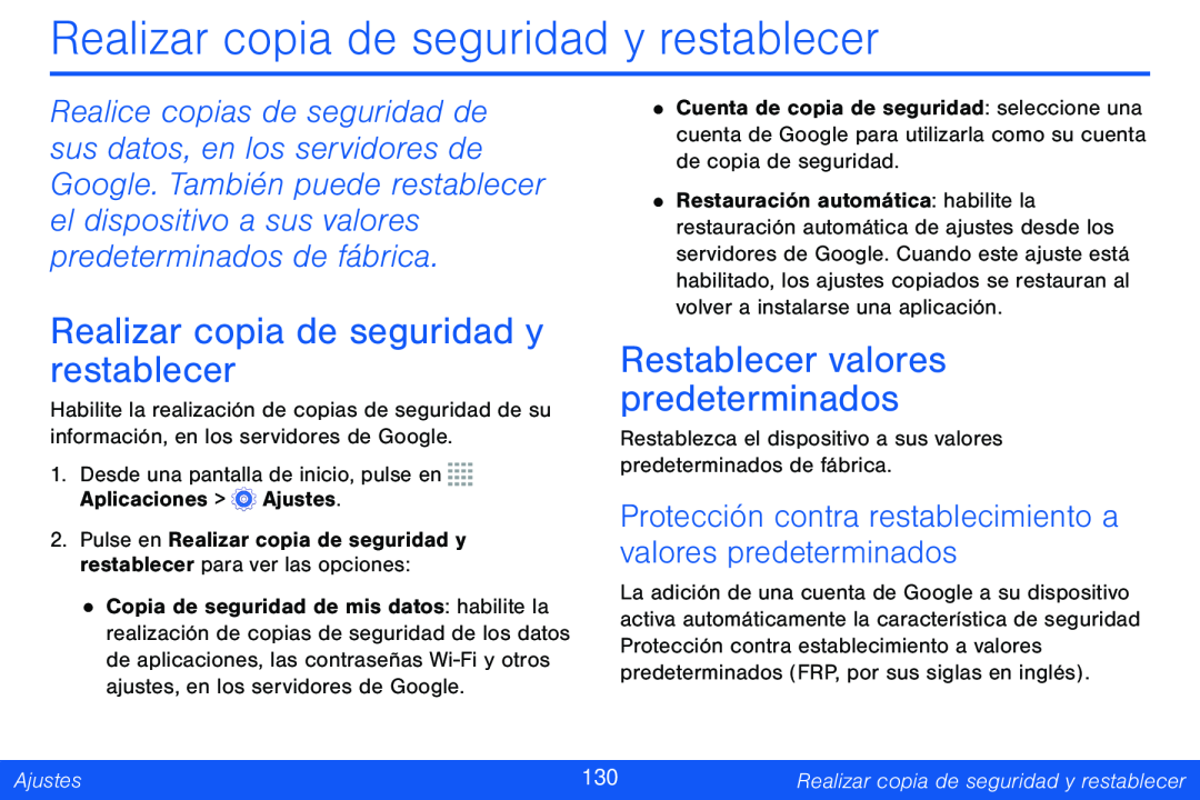 Protección contra restablecimiento a valores predeterminados Realizar copia de seguridad y restablecer