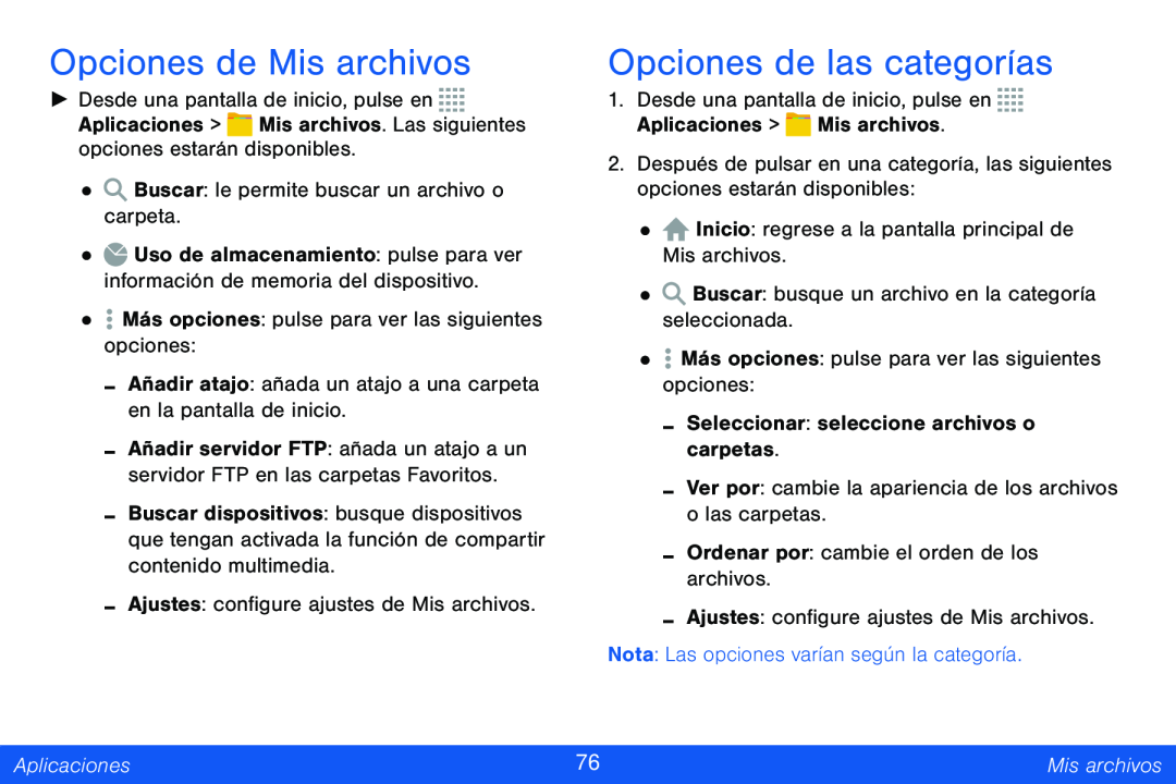 Opciones de las categorías Galaxy Tab 4 8.0 Verizon