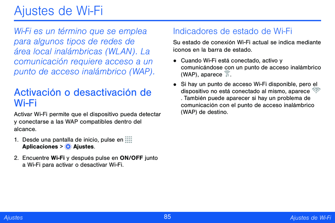 Indicadores de estado de Wi-Fi Activación o desactivación de Wi-Fi