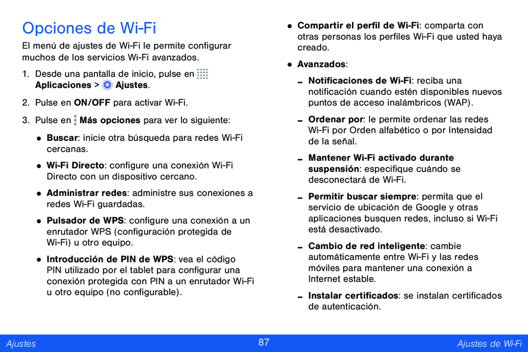 Opciones de Wi‑Fi