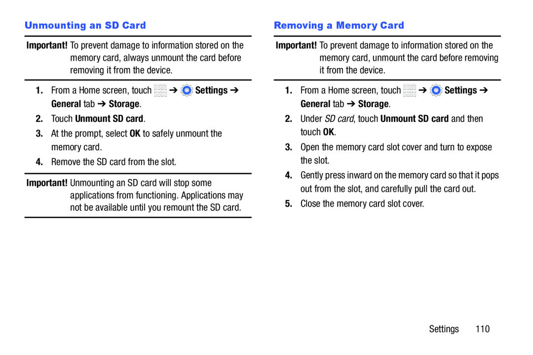 Unmounting an SD Card Settings