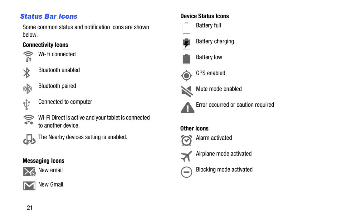 Status Bar Icons Galaxy Tab 4 8.0 Wi-Fi