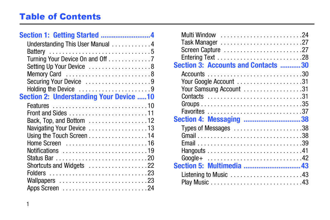 Table of Contents Galaxy Tab 4 8.0 Wi-Fi