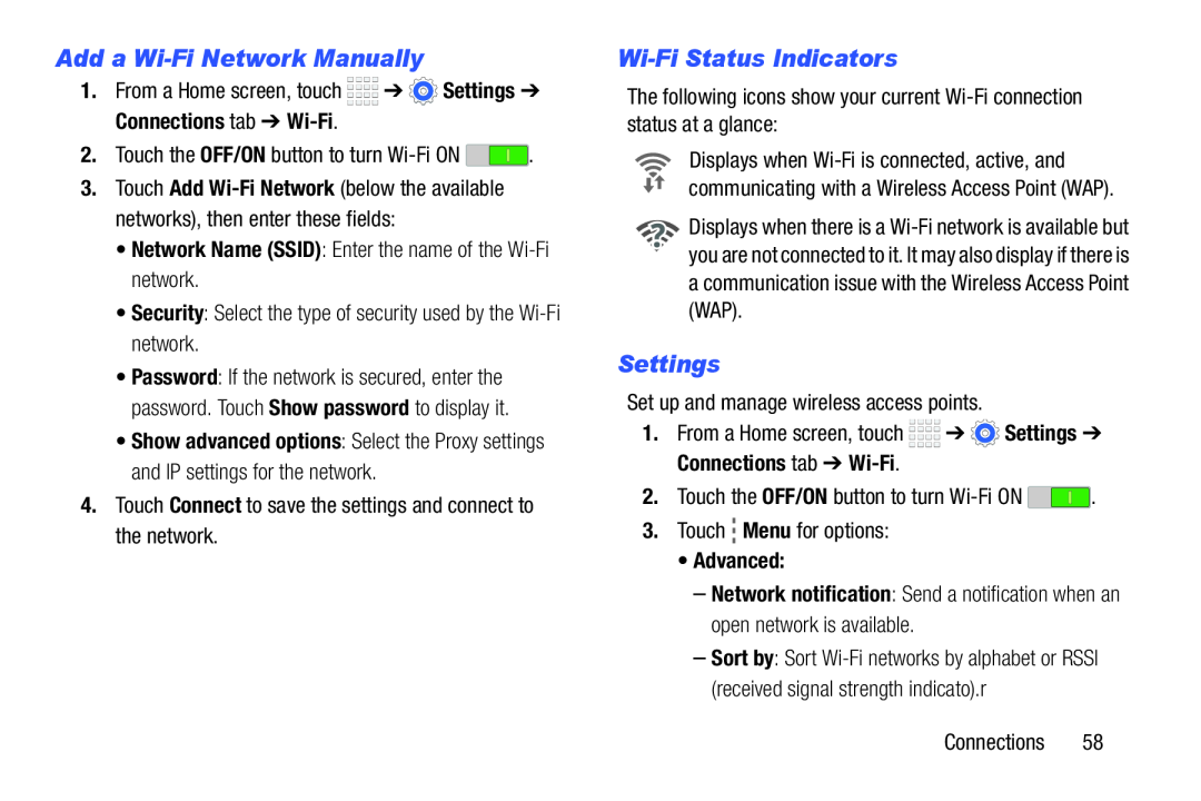 Add a Wi-FiNetwork Manually Wi-FiStatus Indicators