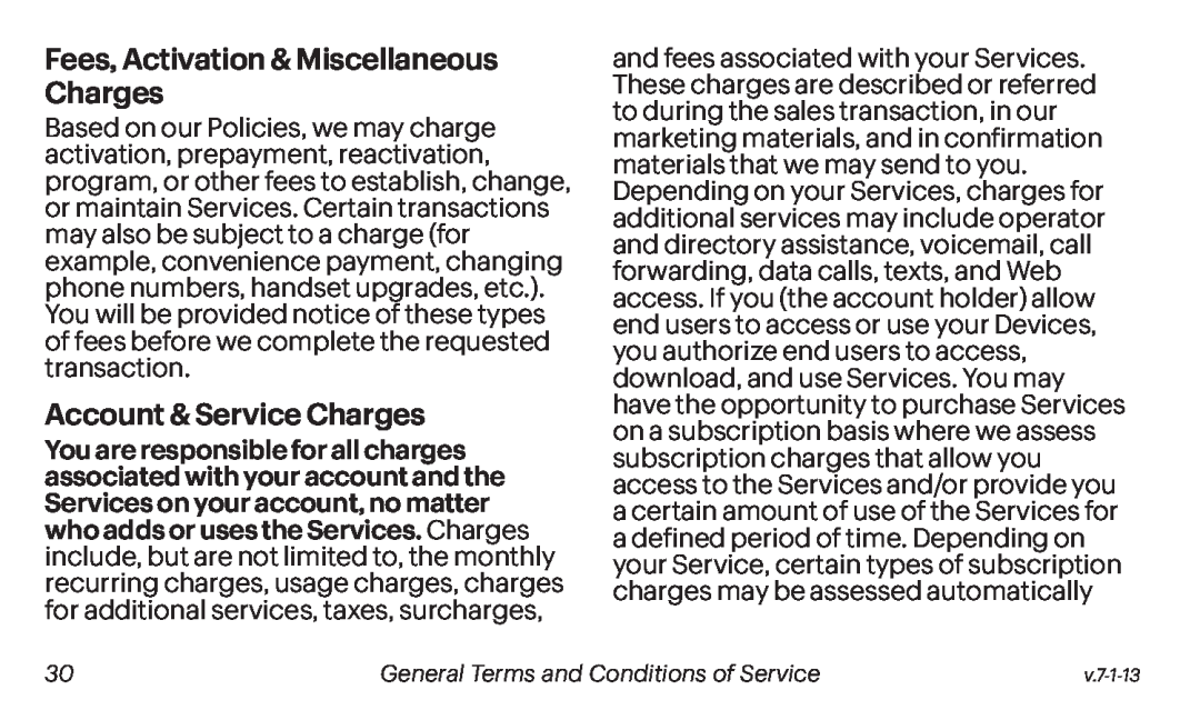 Fees, Activation & Miscellaneous Charges Account & Service Charges