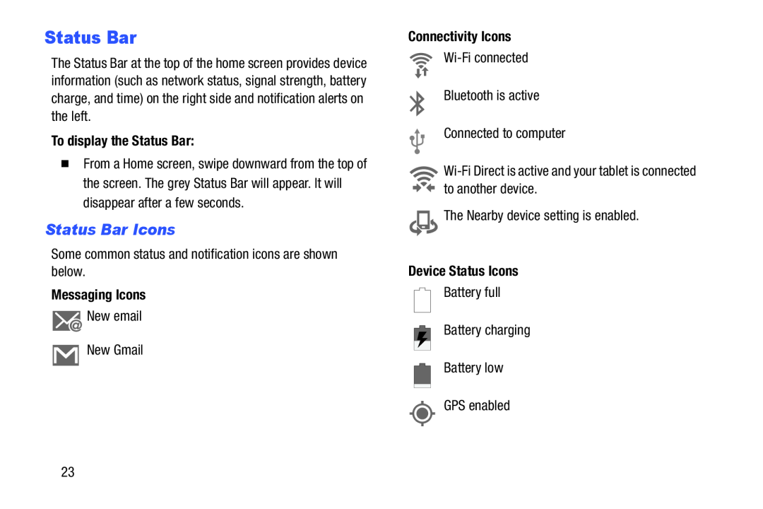 Status Bar Icons Galaxy Tab 4 7.0 Wi-Fi