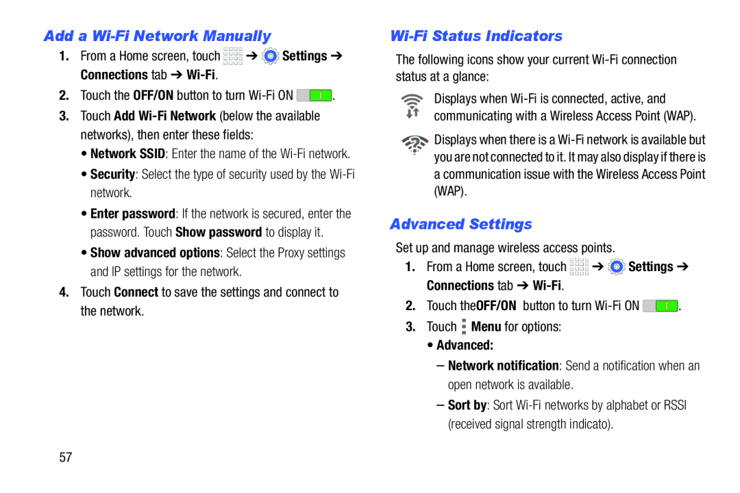 Add a Wi-FiNetwork Manually Wi-FiStatus Indicators