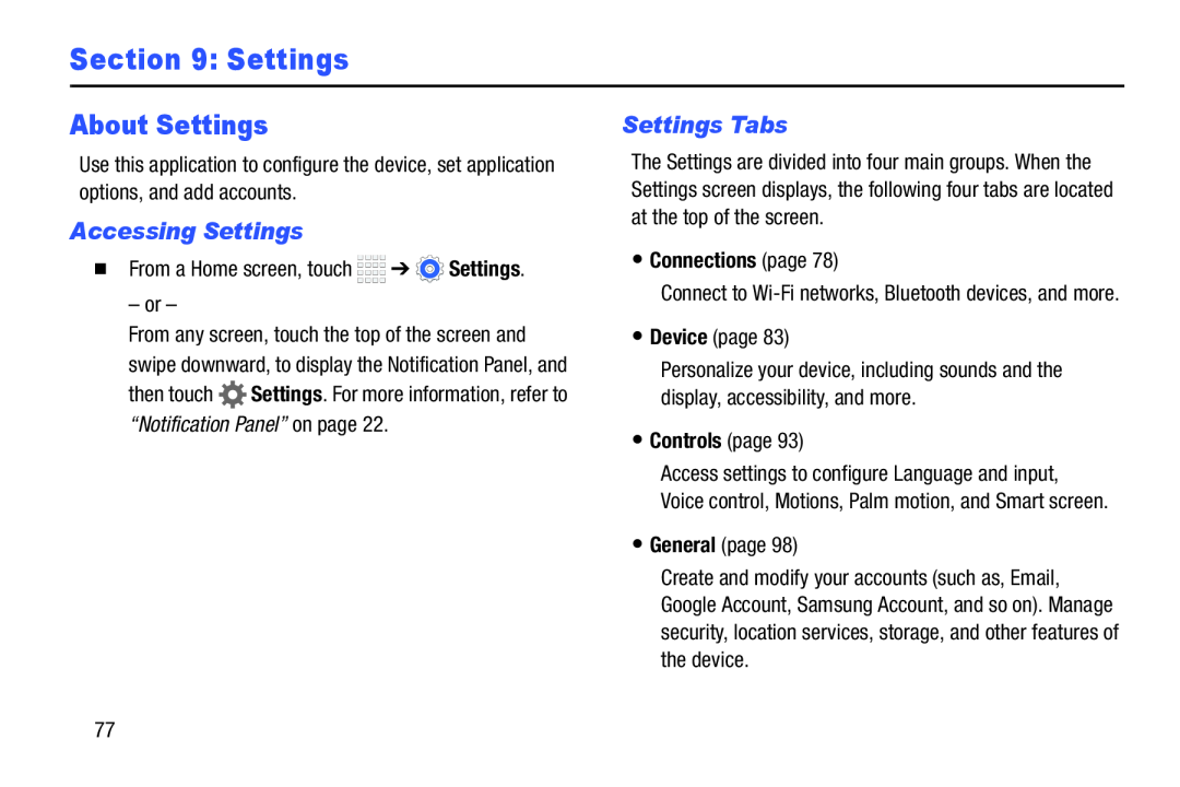 Accessing Settings Settings Tabs