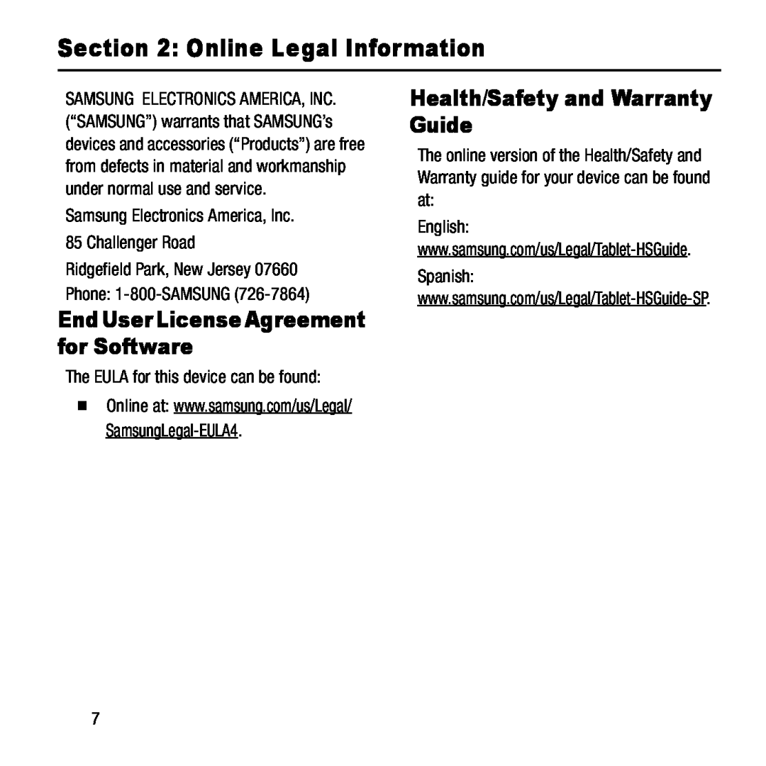 Health/Safety and Warranty Guide Section 2: Online Legal Information