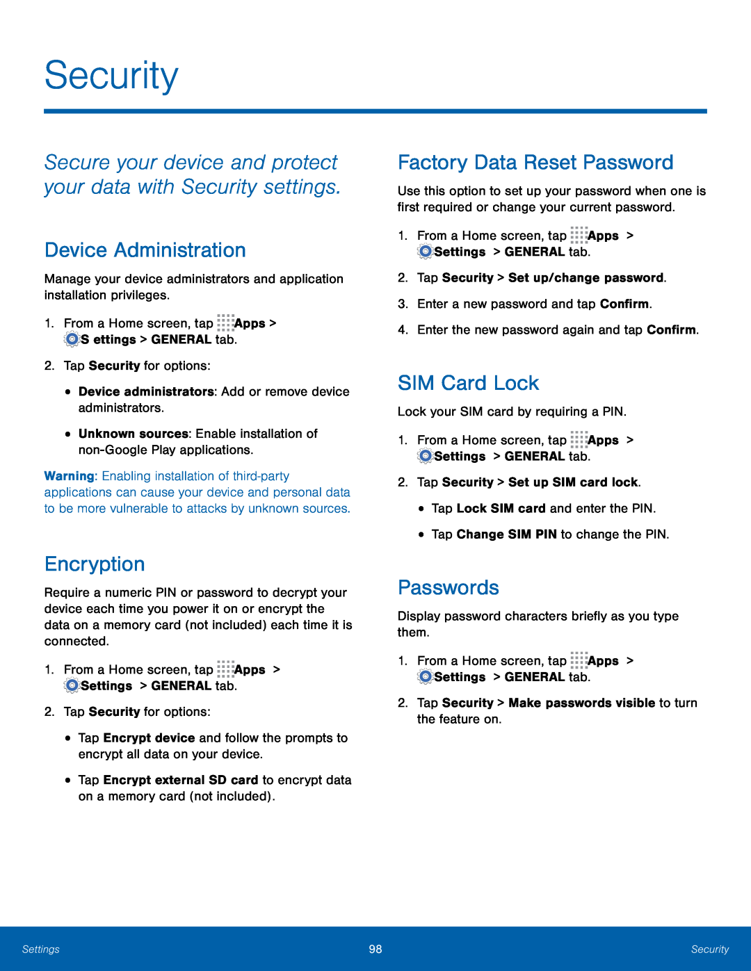 Secure your device and protect your data with Security settings Device Administration