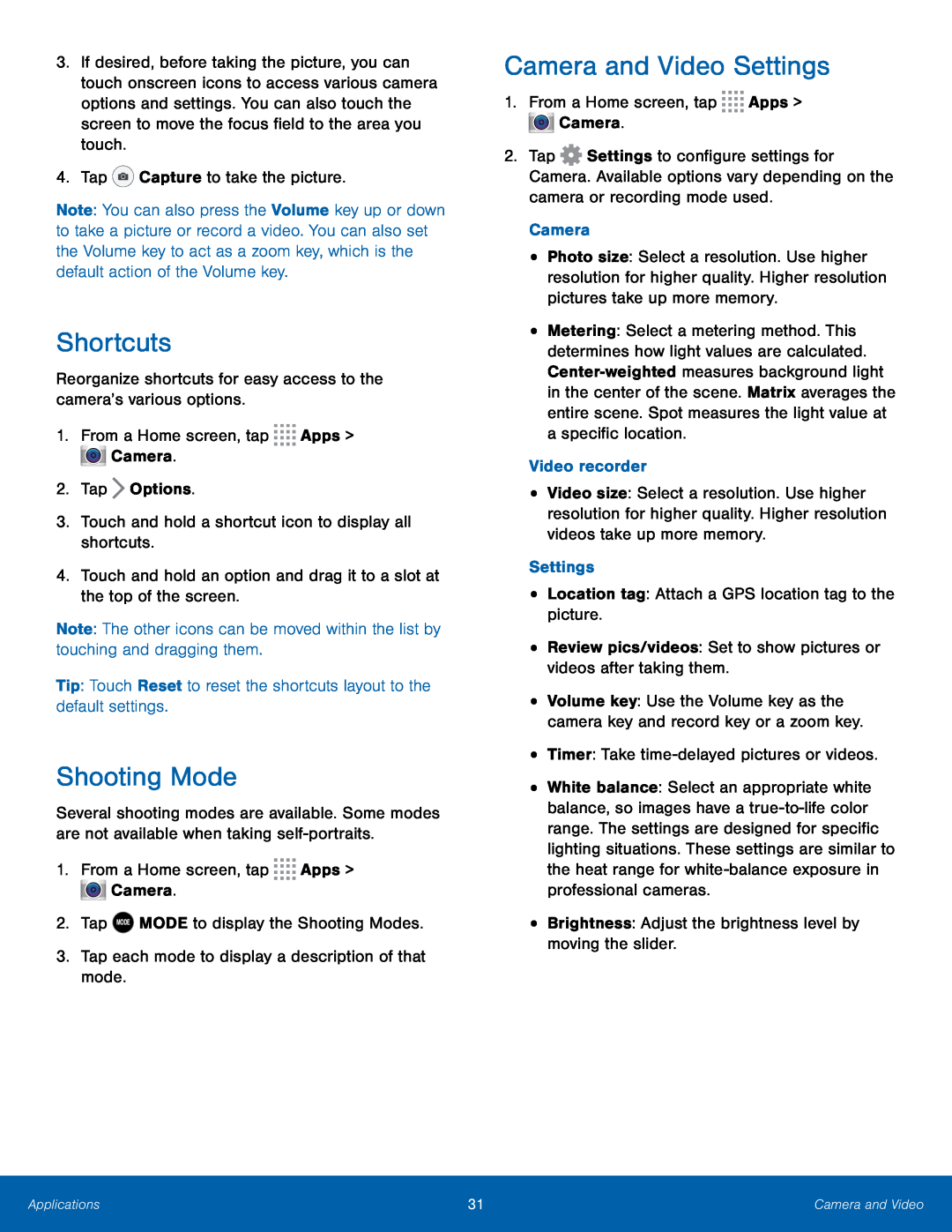 Shortcuts Shooting Mode