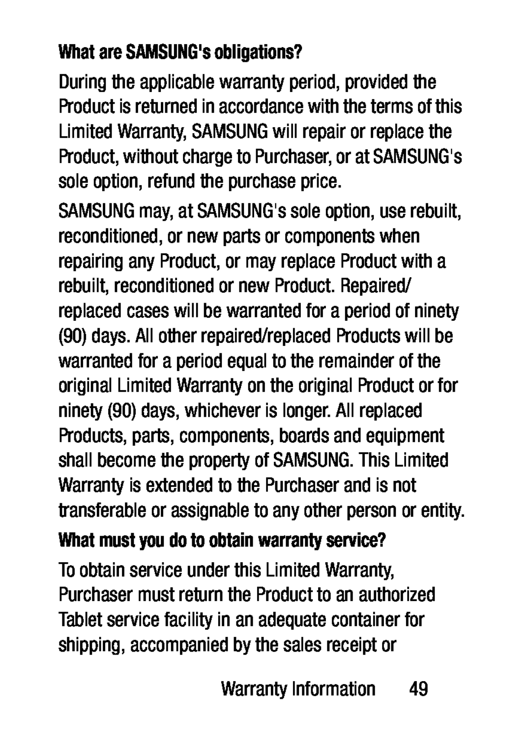 What are SAMSUNG's obligations Galaxy Tab 4 10.1 Verizon