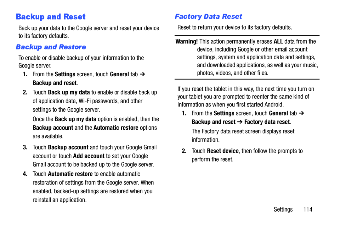 Backup and Restore Factory Data Reset