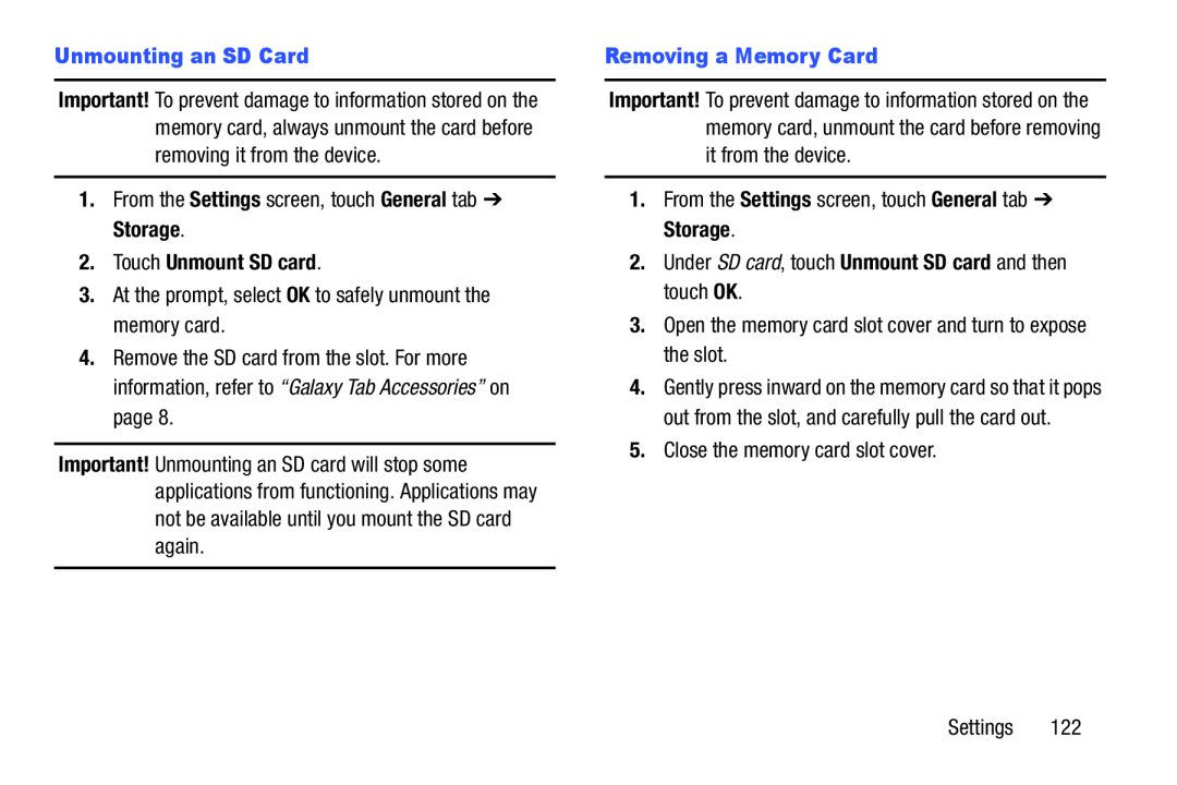 Unmounting an SD Card Settings