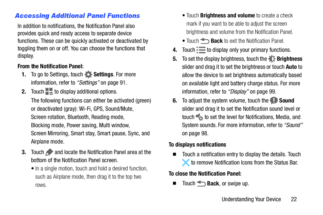 Accessing Additional Panel Functions Galaxy Tab 4 10.1 Wi-Fi