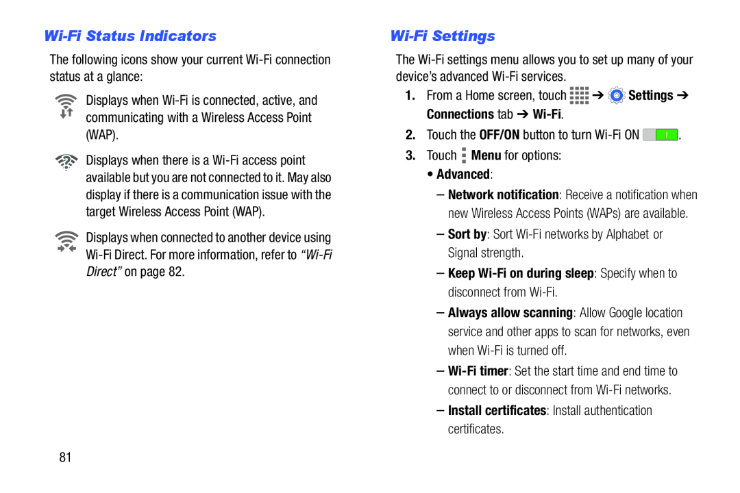 Wi-FiStatus Indicators Wi-FiSettings