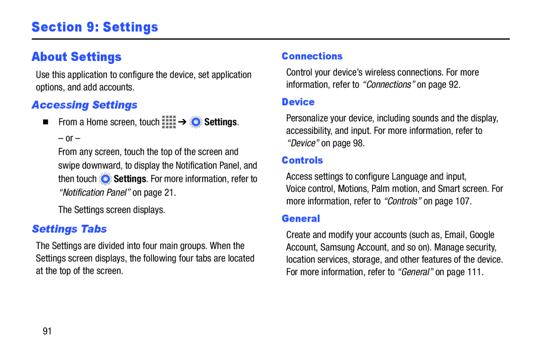 Accessing Settings Settings Tabs