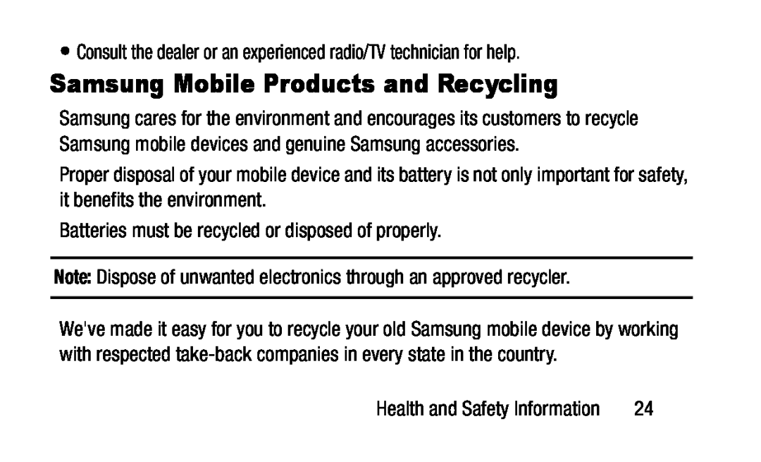 Batteries must be recycled or disposed of properly Galaxy Tab 3 Lite Wi-Fi