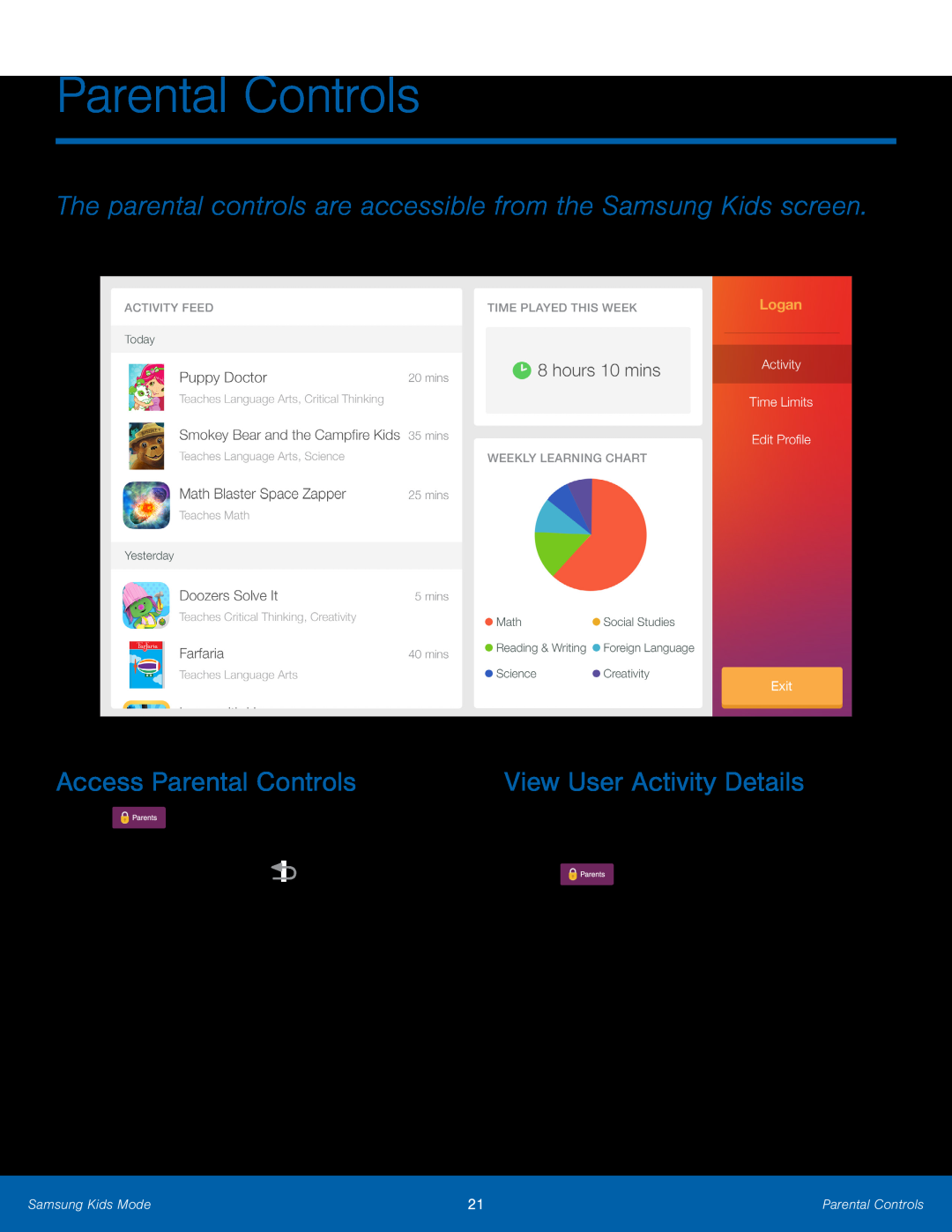 The parental controls are accessible from the Samsung Kids screen Access Parental Controls