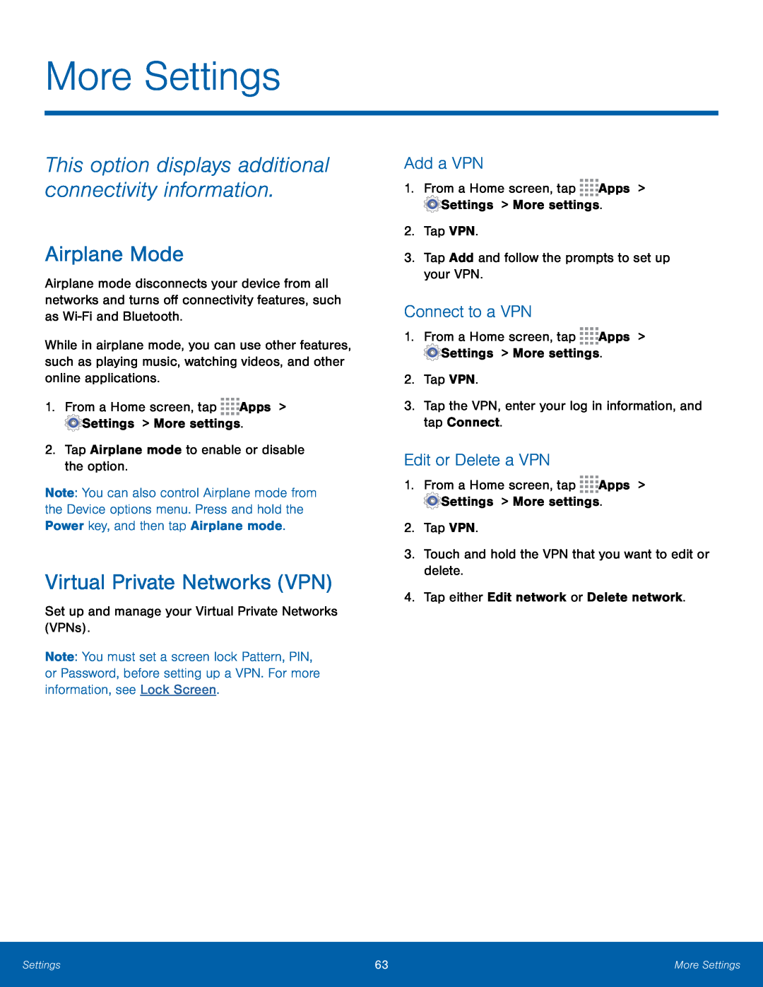 Connect to a VPN Galaxy Tab 3 Lite Wi-Fi