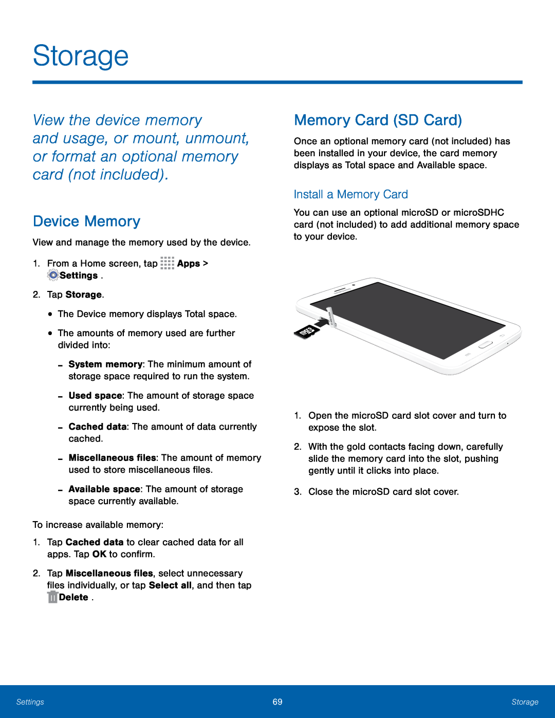 Install a Memory Card and usage, or mount, unmount, or format an optional memory card (not included)