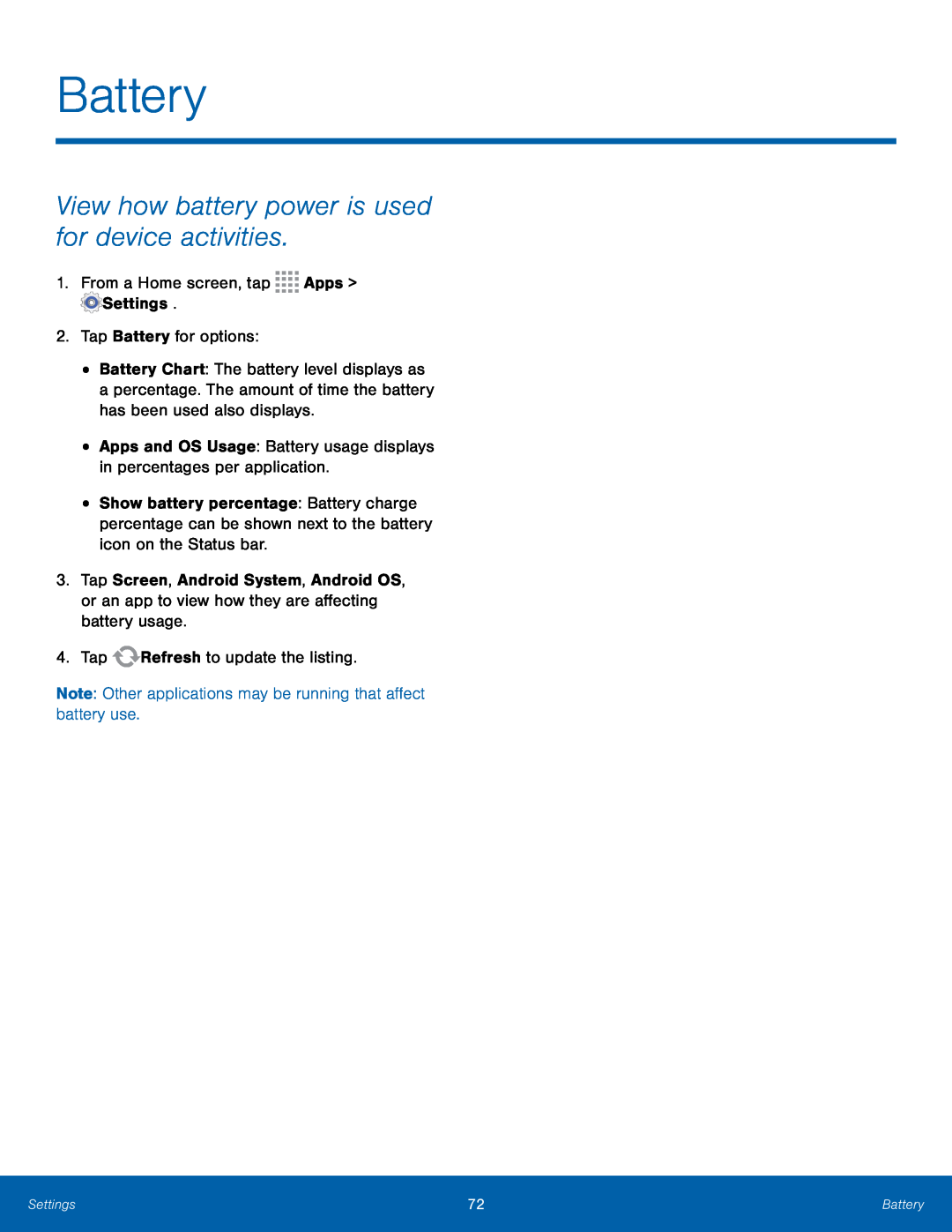 View how battery power is used for device activities Galaxy Tab 3 Lite Wi-Fi