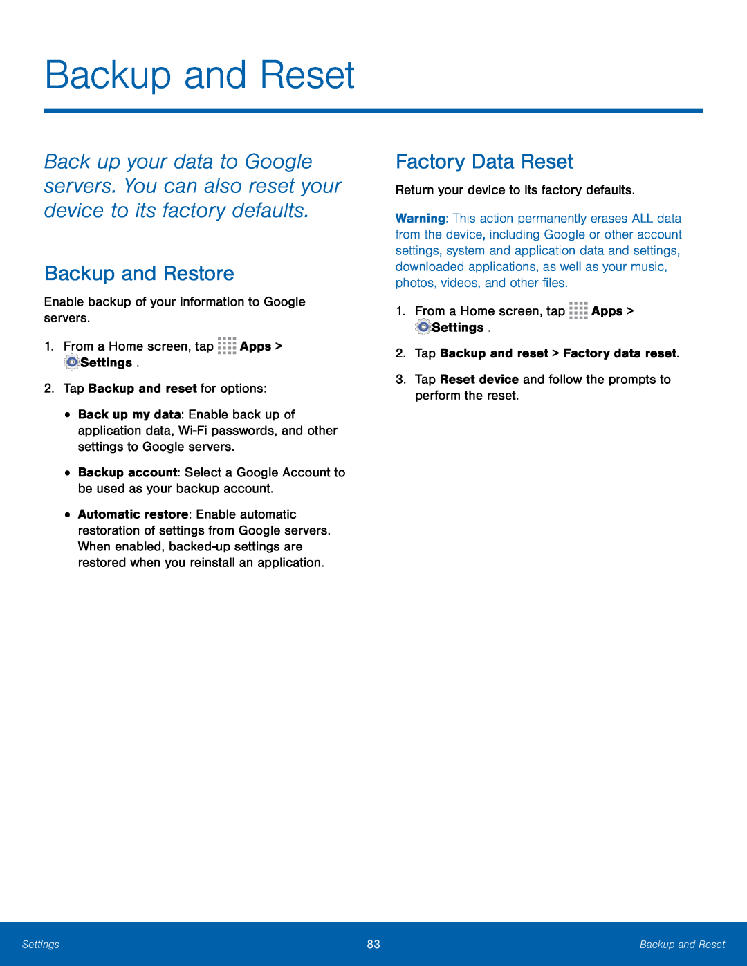 Backup and Restore Factory Data Reset