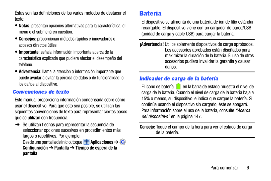 Convenciones de texto Indicador de carga de la batería