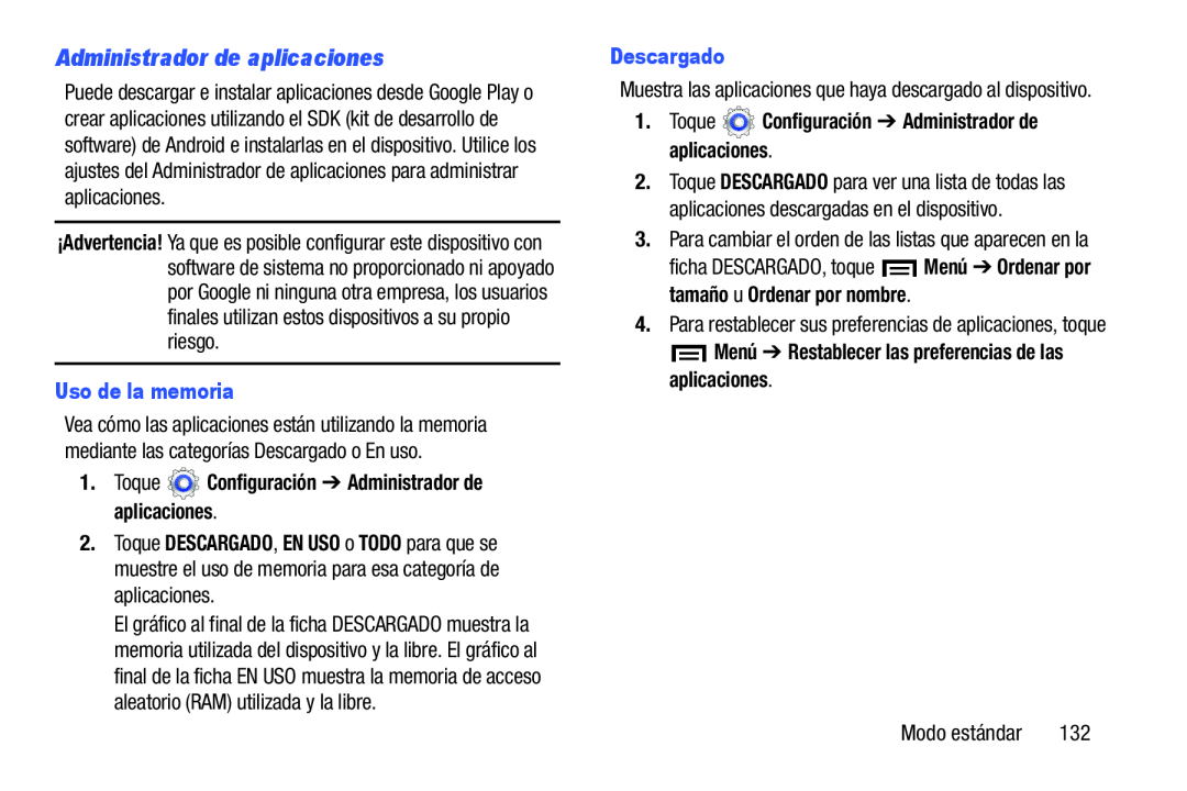 Administrador de aplicaciones Uso de la memoria