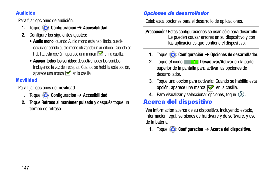 Opciones de desarrollador Acerca del dispositivo