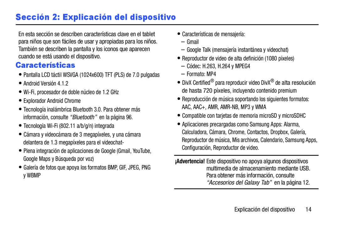 Sección 2: Explicación del dispositivo Galaxy Tab 3 7.0 Kids Wi-Fi