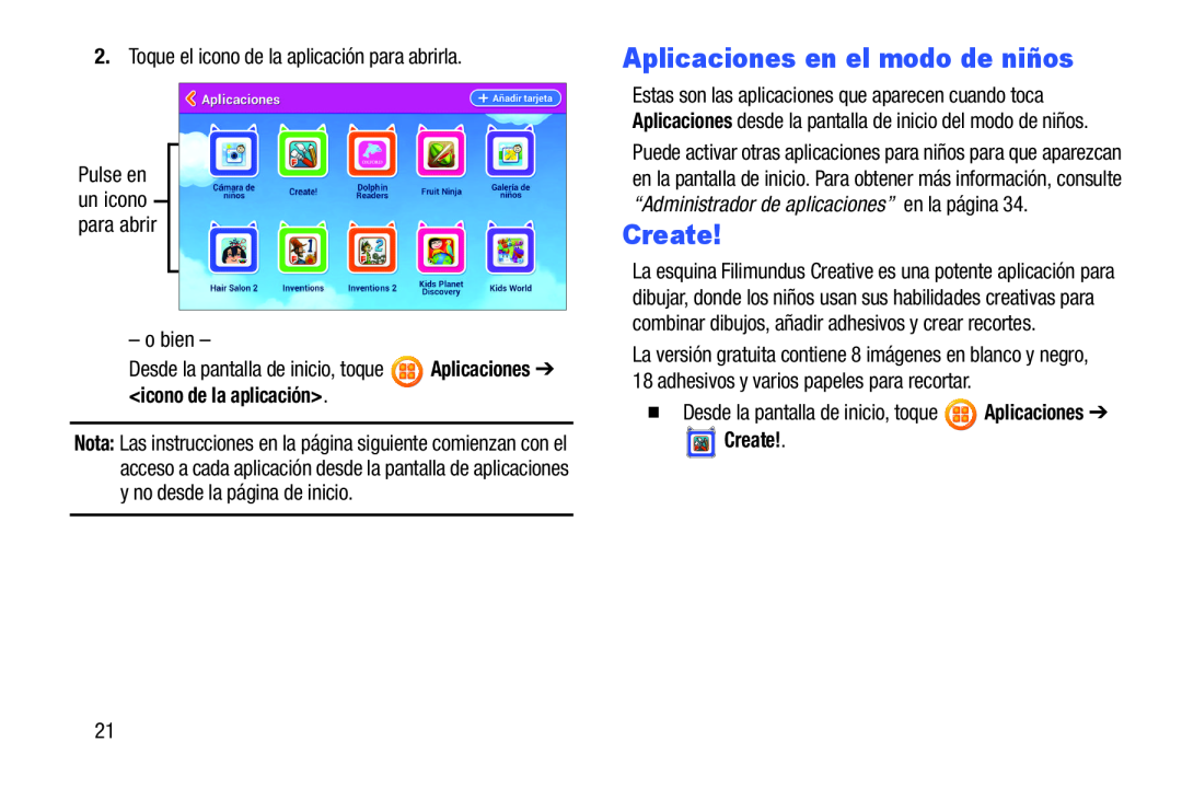 Aplicaciones en el modo de niños Create