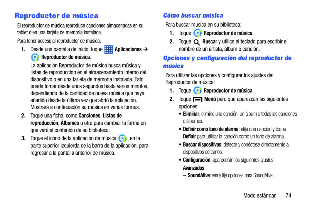 Opciones y configuración del reproductor de música Galaxy Tab 3 7.0 Kids Wi-Fi