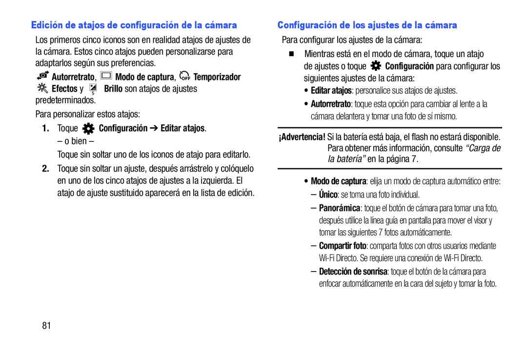 Edición de atajos de configuración de la cámara Autorretrato, Modo de captura, Temporizador