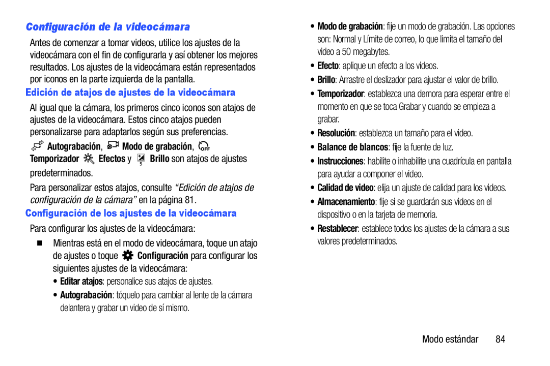 Configuración de la videocámara