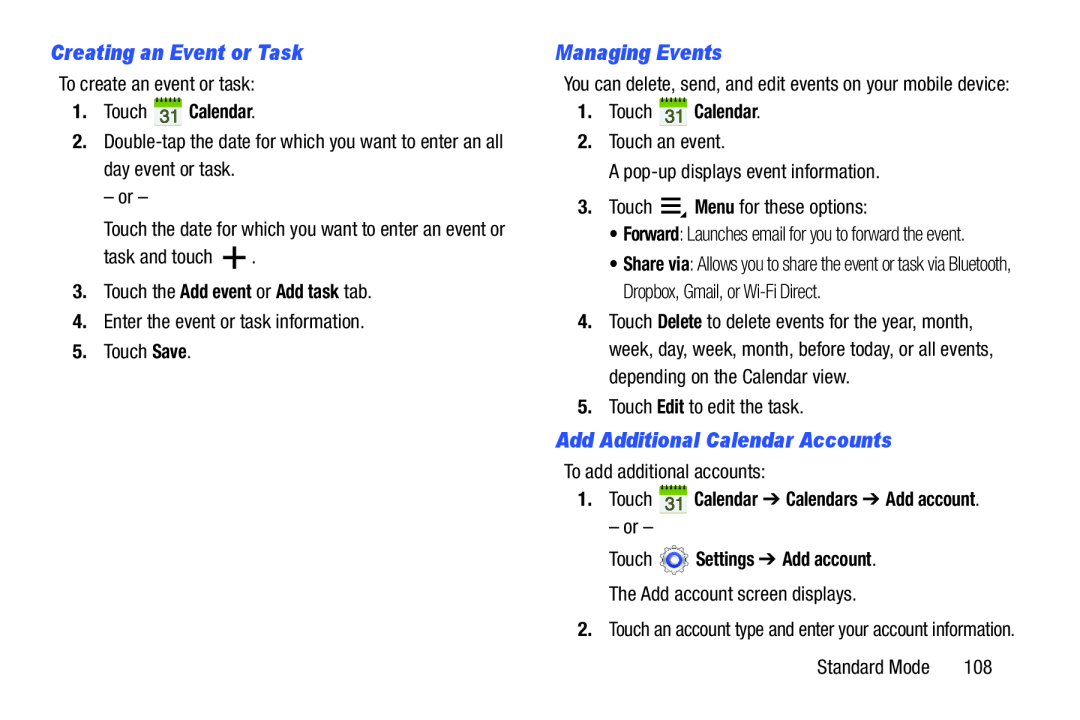 Creating an Event or Task Managing Events