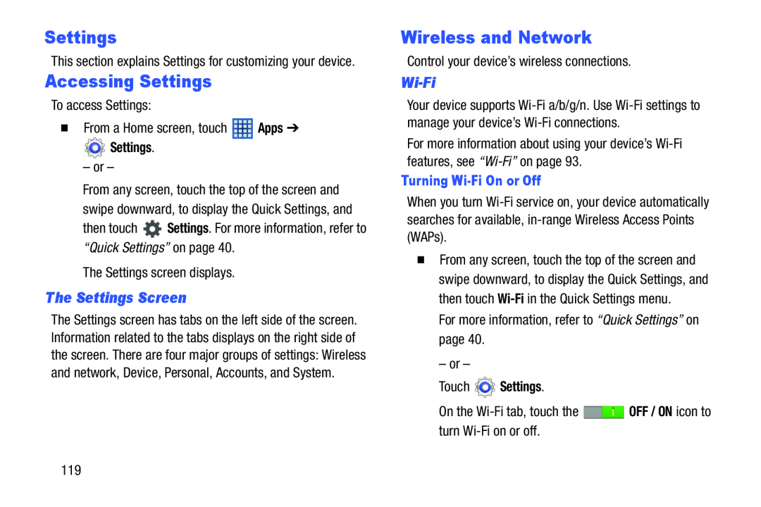 Accessing Settings Wireless and Network