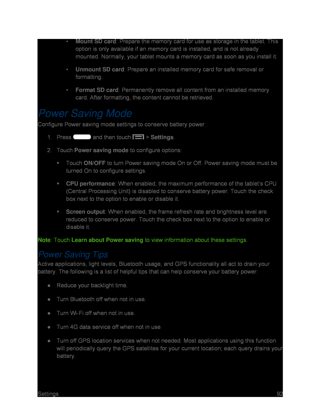 Power Saving Tips Power Saving Mode