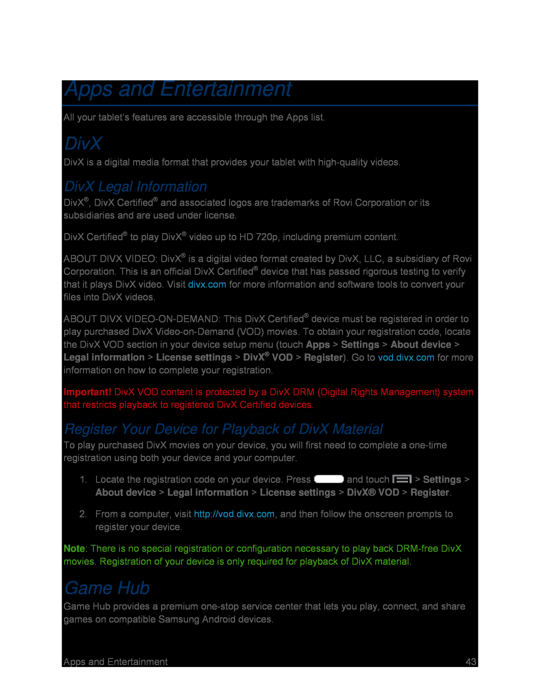 DivX Legal Information Register Your Device for Playback of DivX Material