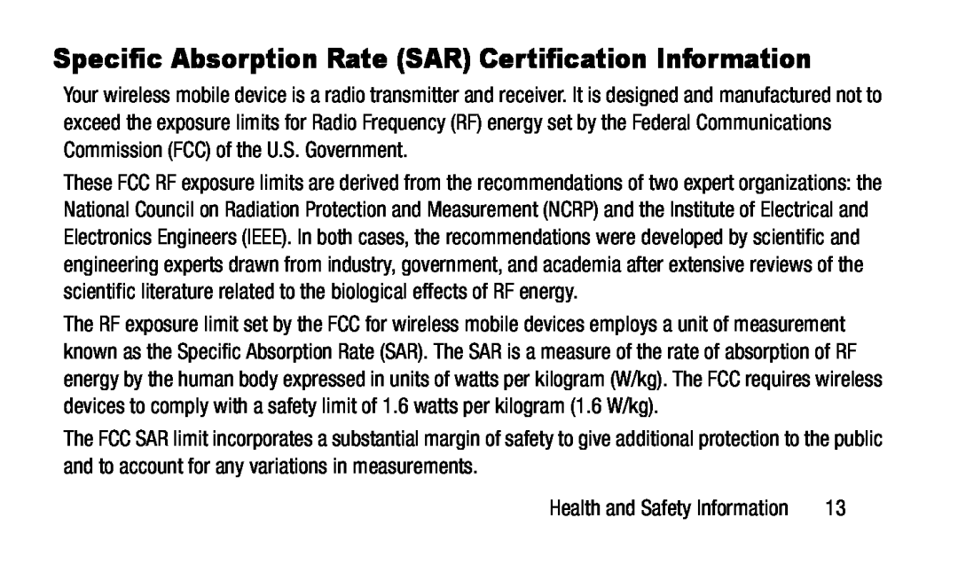 Specific Absorption Rate (SAR) Certification Information Galaxy Tab 3 7.0 T-Mobile