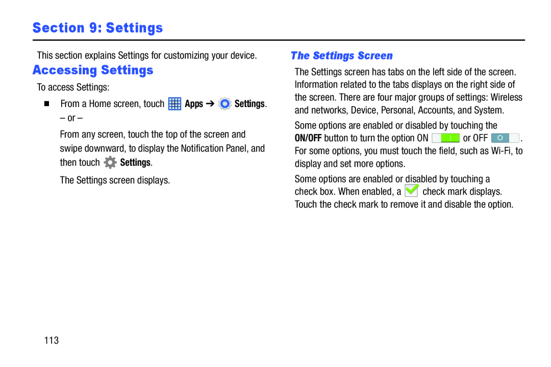 The Settings Screen Galaxy Tab 3 7.0 Wi-Fi