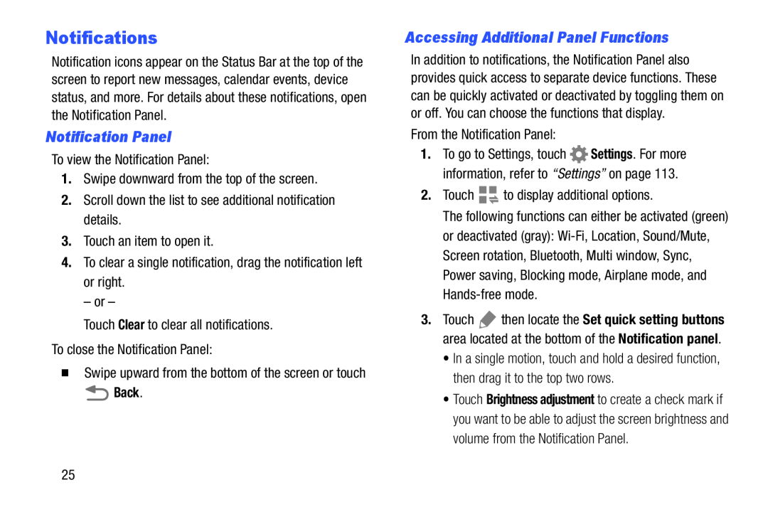 Accessing Additional Panel Functions Galaxy Tab 3 7.0 Wi-Fi