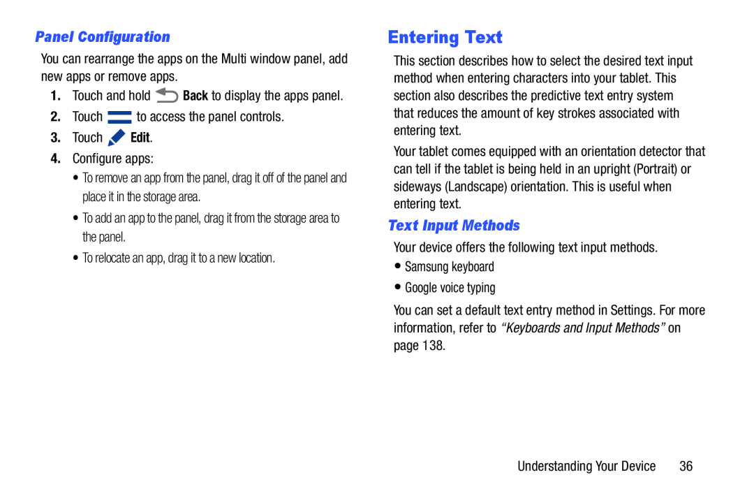 Panel Configuration Text Input Methods