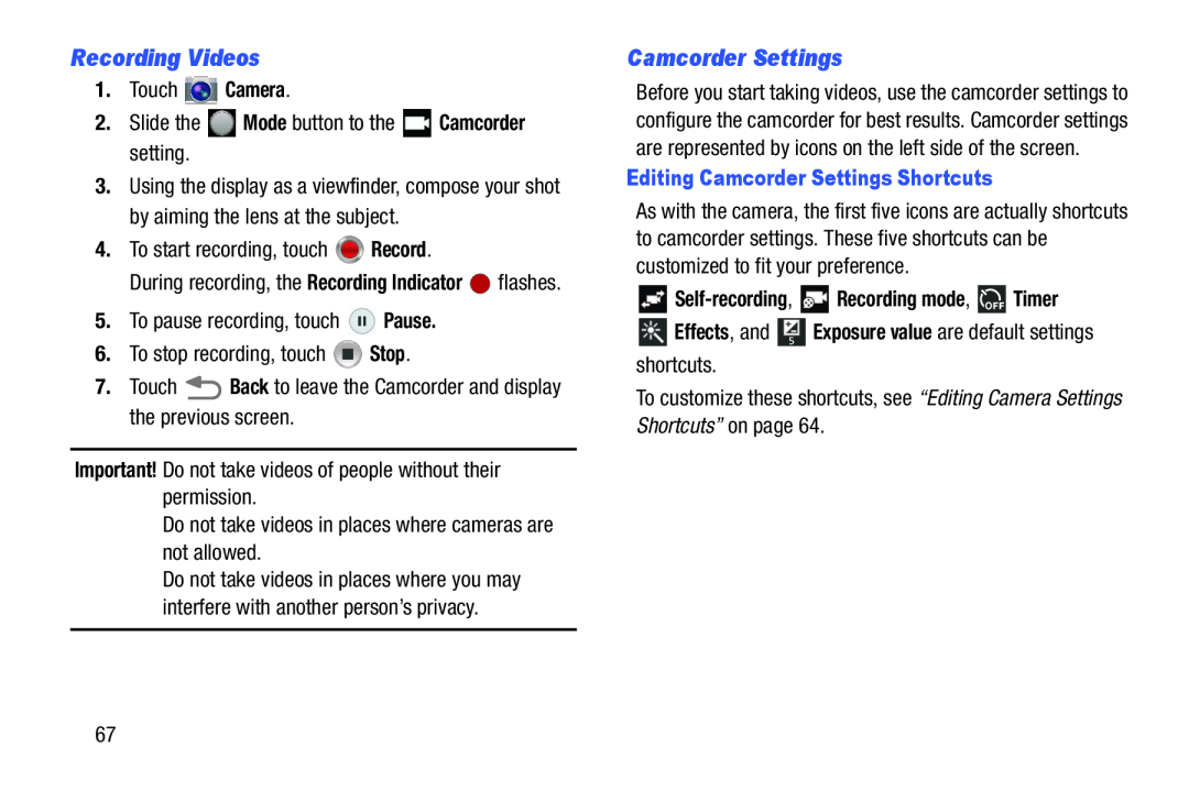 Recording Videos Camcorder Settings