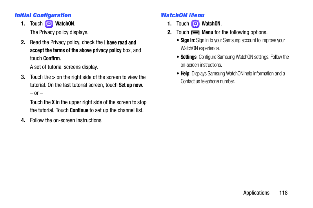 Initial Configuration WatchON Menu