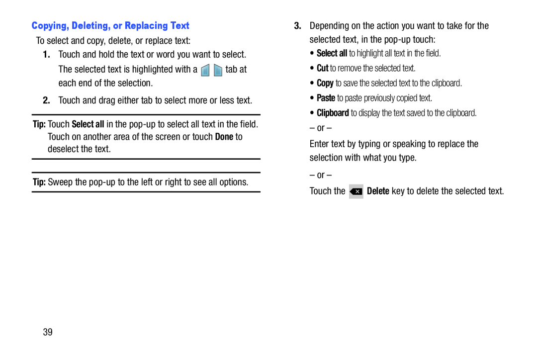 Copying, Deleting, or Replacing Text Galaxy Tab 3 10.1 Wi-Fi