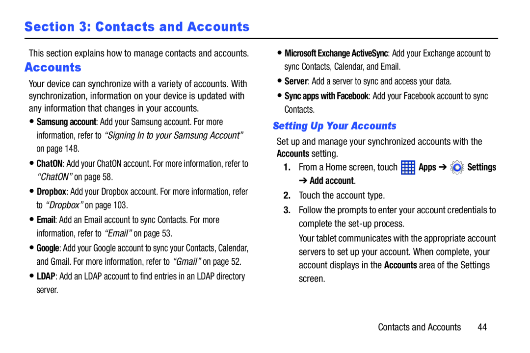 Section 3: Contacts and Accounts Galaxy Tab 3 10.1 Wi-Fi